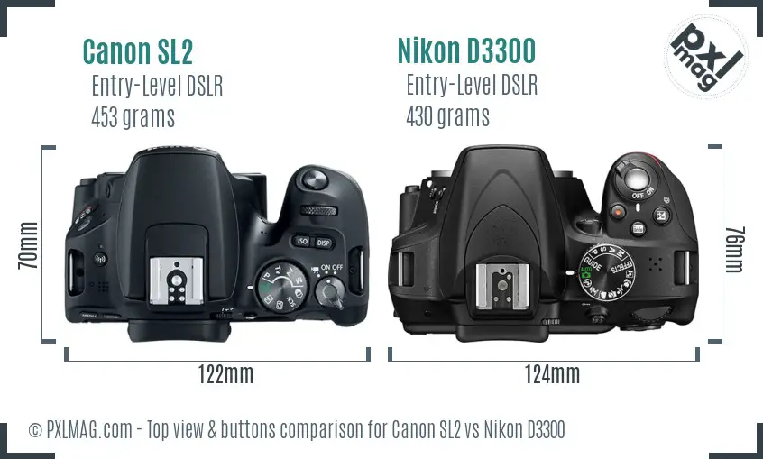 Canon SL2 vs Nikon D3300 top view buttons comparison