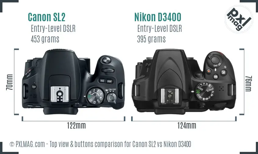 Canon SL2 vs Nikon D3400 top view buttons comparison