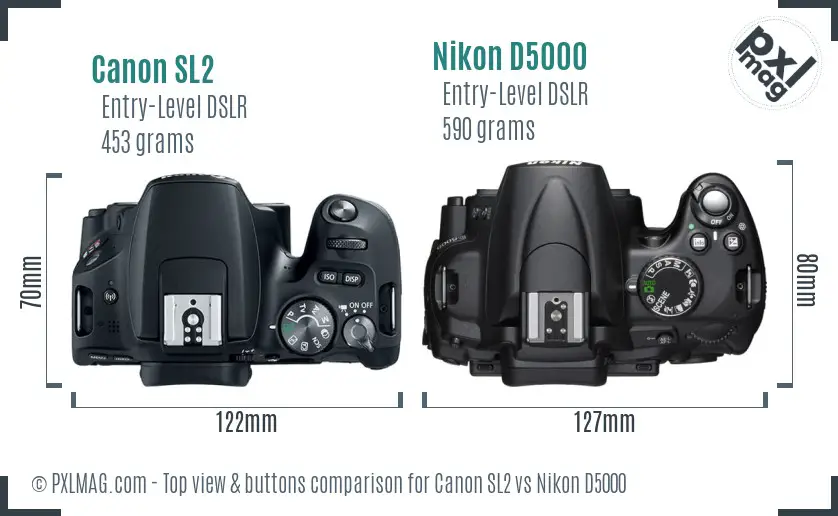 Canon SL2 vs Nikon D5000 top view buttons comparison