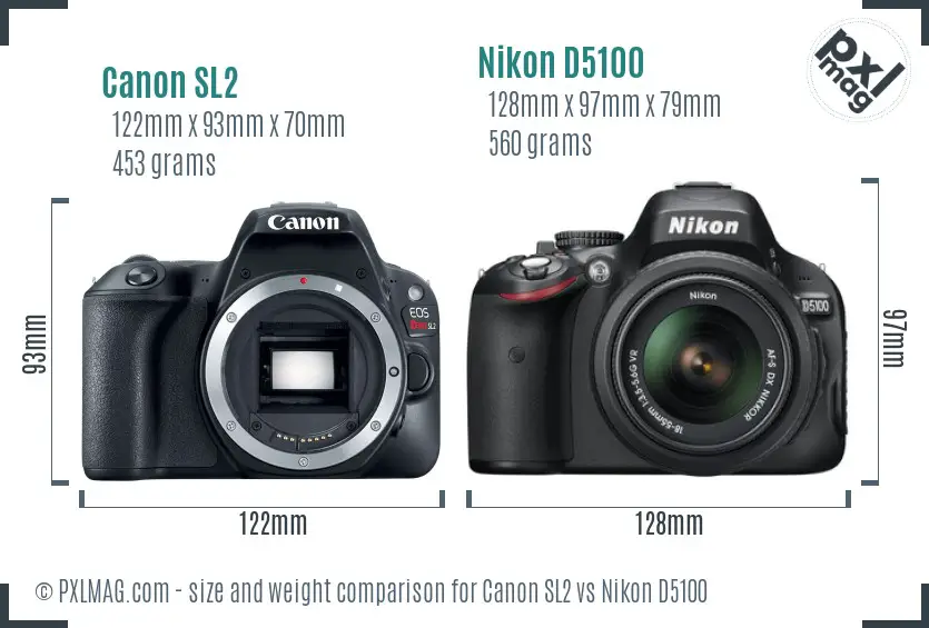 Canon SL2 vs Nikon D5100 size comparison