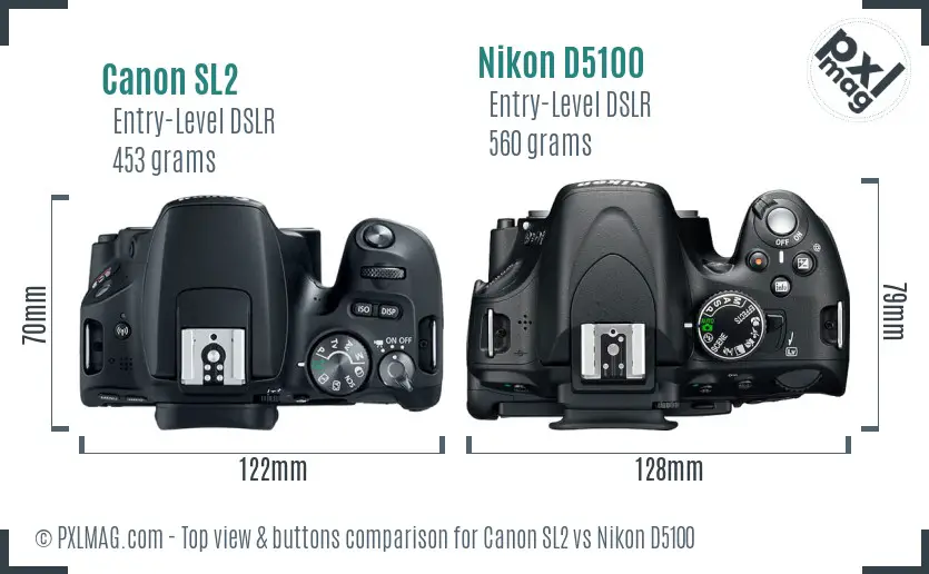 Canon SL2 vs Nikon D5100 top view buttons comparison