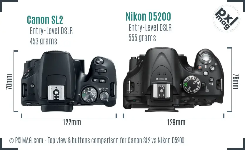 Canon SL2 vs Nikon D5200 top view buttons comparison