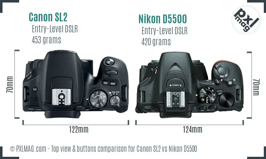 Canon SL2 vs Nikon D5500 top view buttons comparison