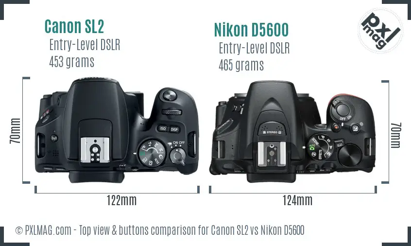 Canon SL2 vs Nikon D5600 top view buttons comparison