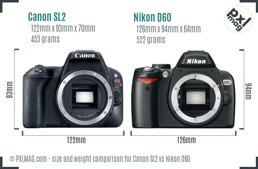 Canon SL2 vs Nikon D60 size comparison