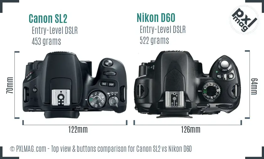 Canon SL2 vs Nikon D60 top view buttons comparison