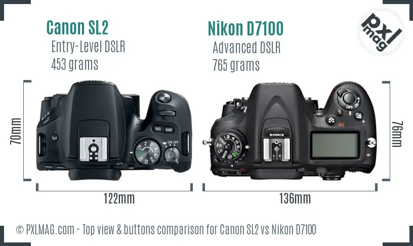Canon SL2 vs Nikon D7100 top view buttons comparison Canon SL2 vs Nikon D7100 top view buttons comparison