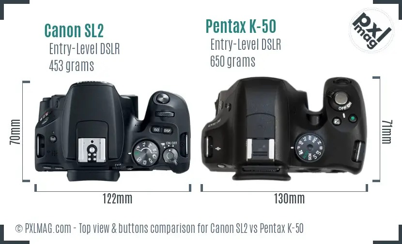 Canon SL2 vs Pentax K-50 top view buttons comparison