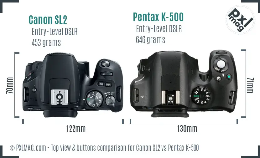 Canon SL2 vs Pentax K-500 top view buttons comparison
