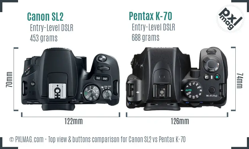 Canon SL2 vs Pentax K-70 top view buttons comparison