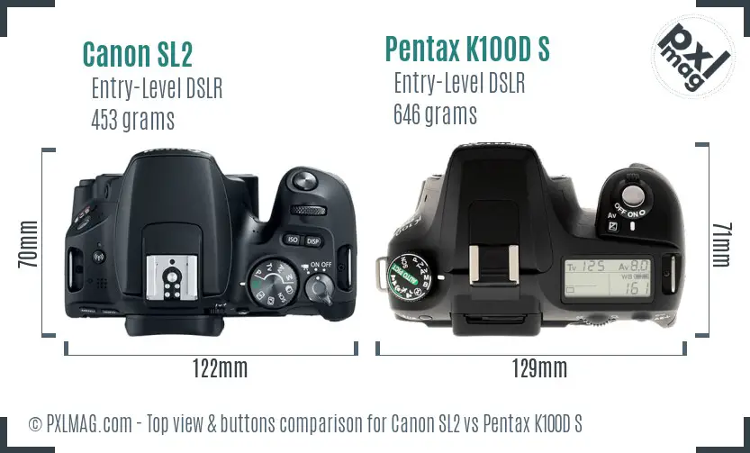 Canon SL2 vs Pentax K100D S top view buttons comparison