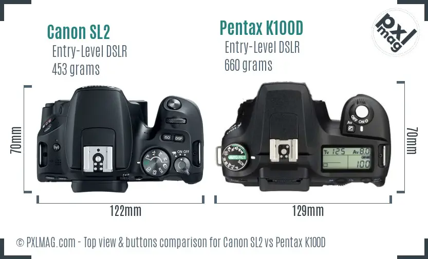 Canon SL2 vs Pentax K100D top view buttons comparison