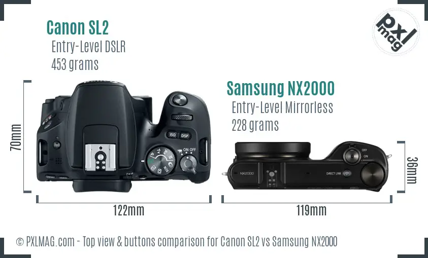 Canon SL2 vs Samsung NX2000 top view buttons comparison