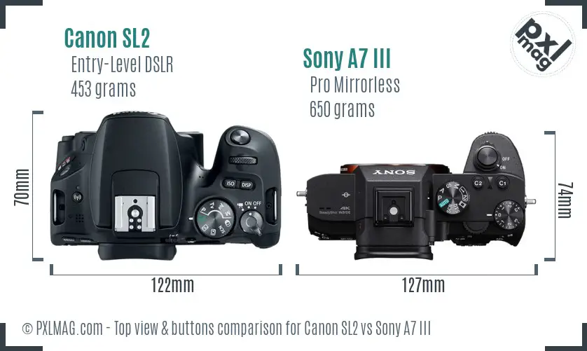 Canon SL2 vs Sony A7 III top view buttons comparison Canon SL2 vs Sony A7 III top view buttons comparison