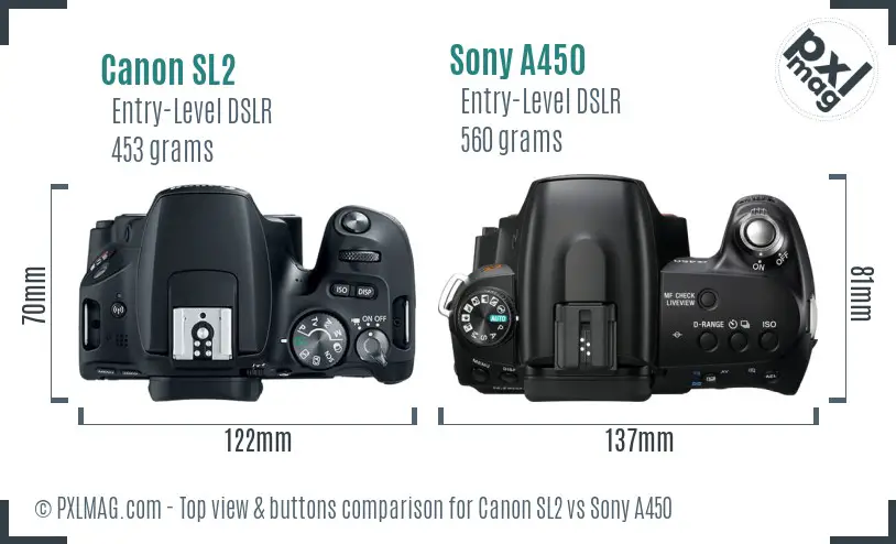Canon SL2 vs Sony A450 top view buttons comparison