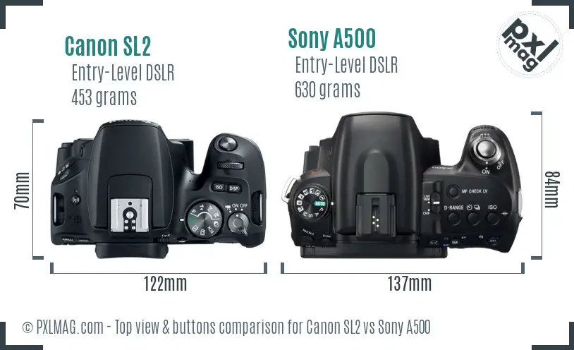 Canon SL2 vs Sony A500 top view buttons comparison