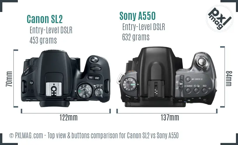 Canon SL2 vs Sony A550 top view buttons comparison
