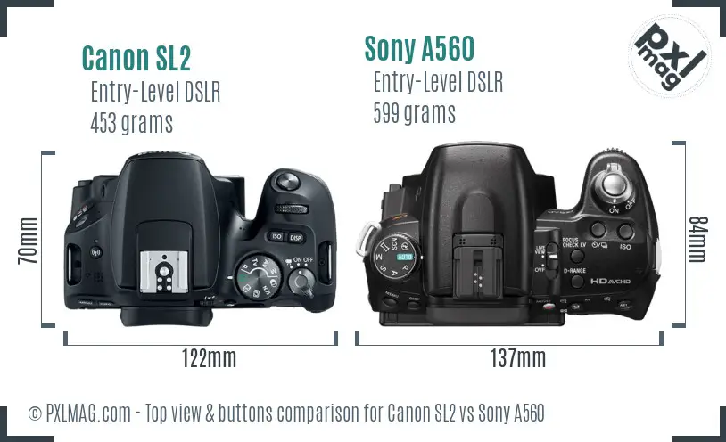 Canon SL2 vs Sony A560 top view buttons comparison