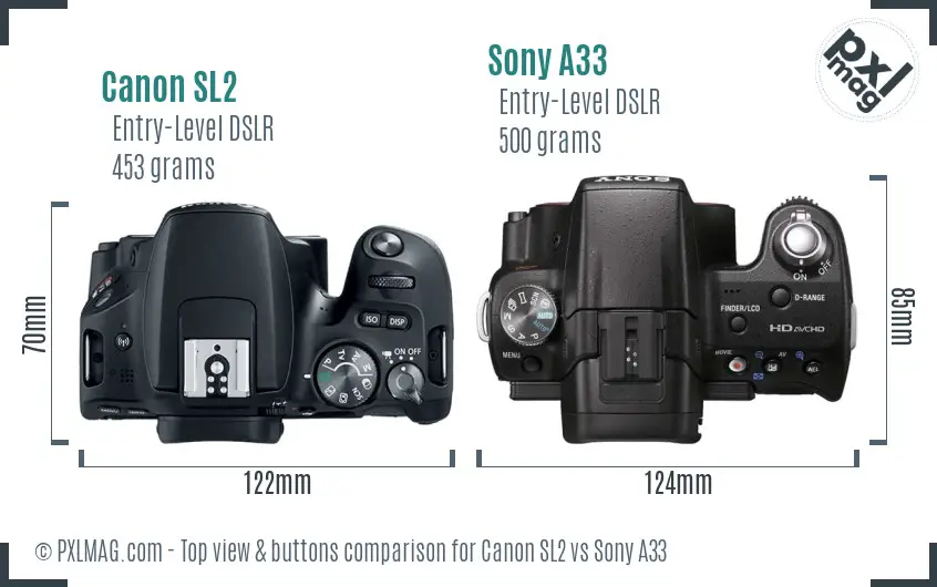 Canon SL2 vs Sony A33 top view buttons comparison
