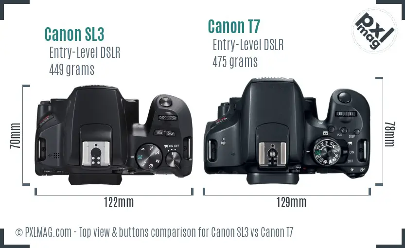 Canon SL3 vs Canon T7 top view buttons comparison