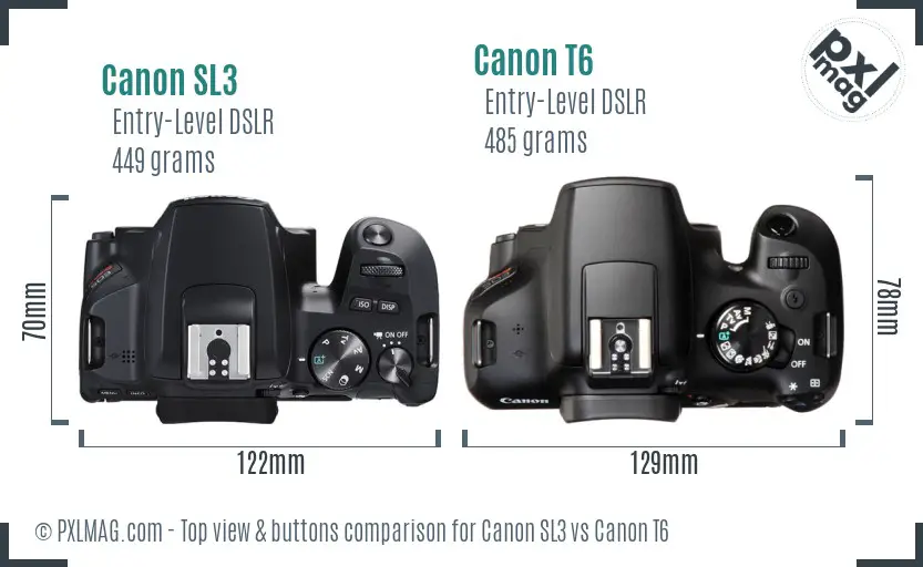 Canon SL3 vs Canon T6 top view buttons comparison
