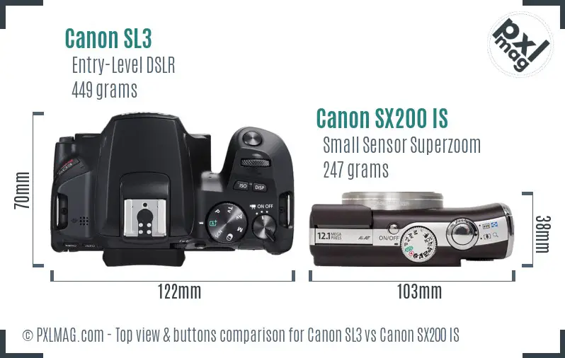 Canon SL3 vs Canon SX200 IS top view buttons comparison