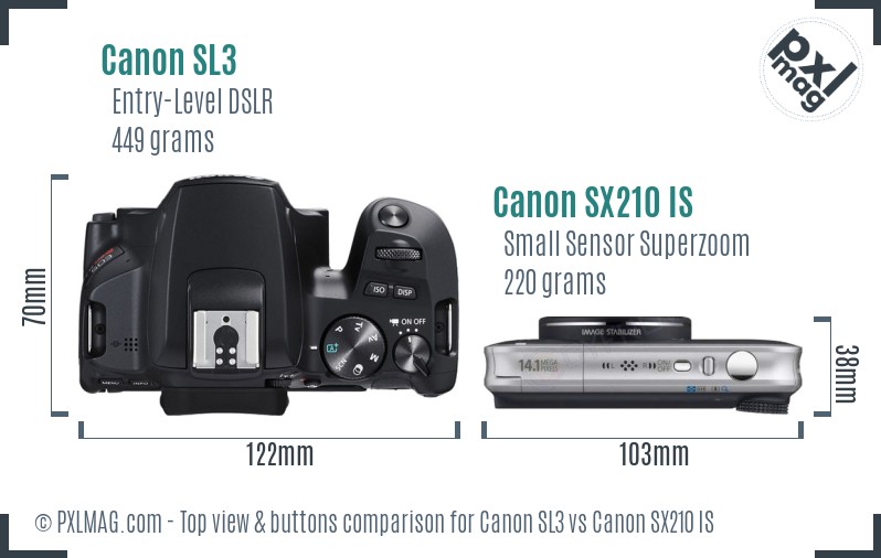 Canon SL3 vs Canon SX210 IS top view buttons comparison