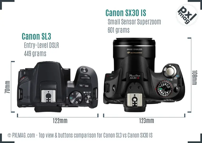 Canon SL3 vs Canon SX30 IS top view buttons comparison