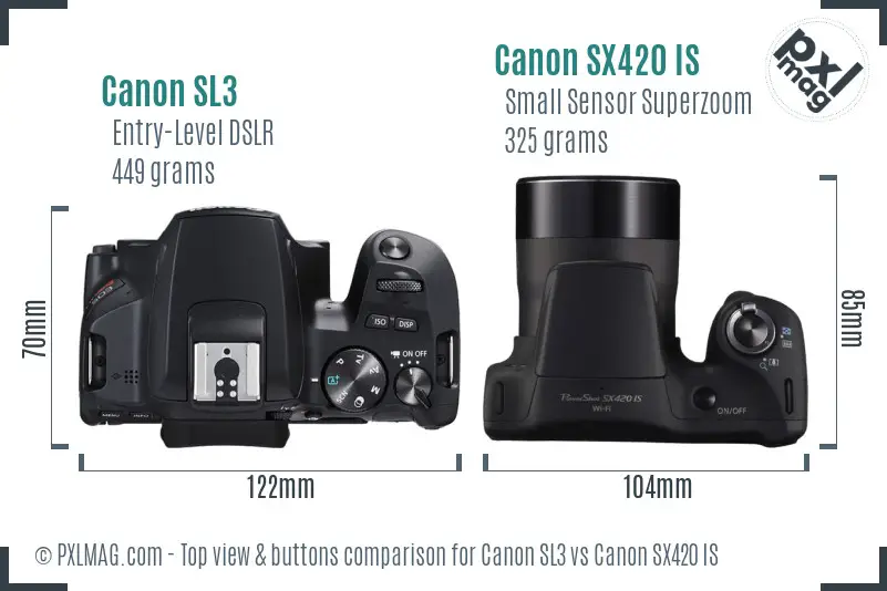 Canon SL3 vs Canon SX420 IS top view buttons comparison