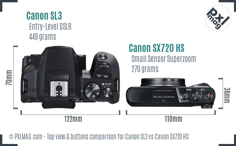Canon SL3 vs Canon SX720 HS top view buttons comparison