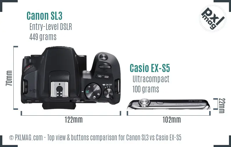 Canon SL3 vs Casio EX-S5 top view buttons comparison
