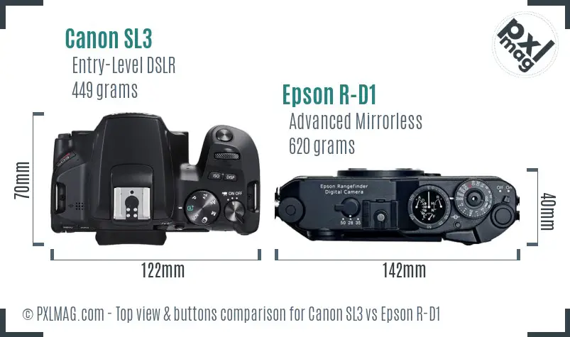 Canon SL3 vs Epson R-D1 top view buttons comparison
