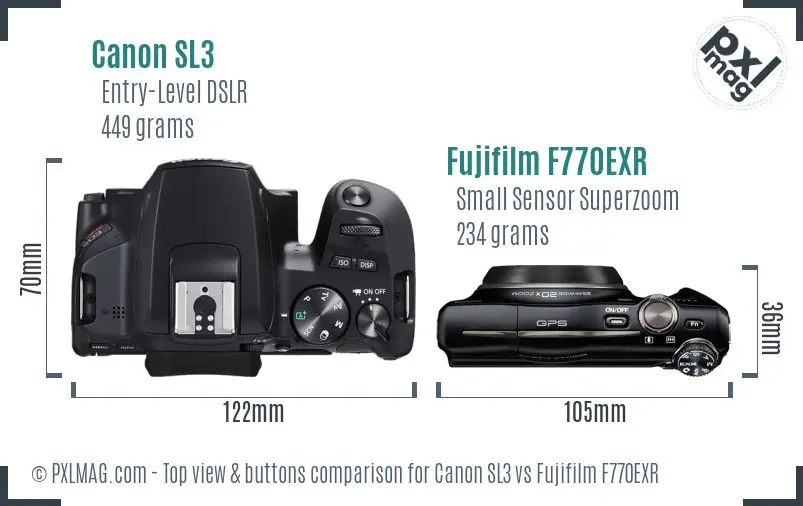 Canon SL3 vs Fujifilm F770EXR top view buttons comparison
