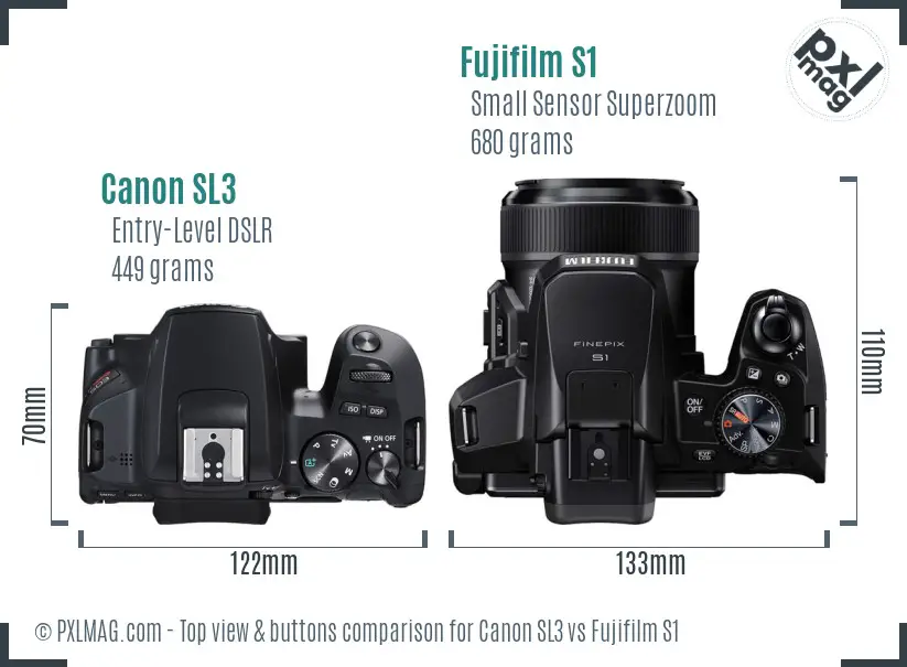 Canon SL3 vs Fujifilm S1 top view buttons comparison Canon SL3 vs Fujifilm S1 top view buttons comparison