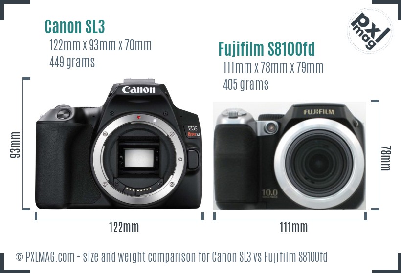 Canon SL3 vs Fujifilm S8100fd size comparison