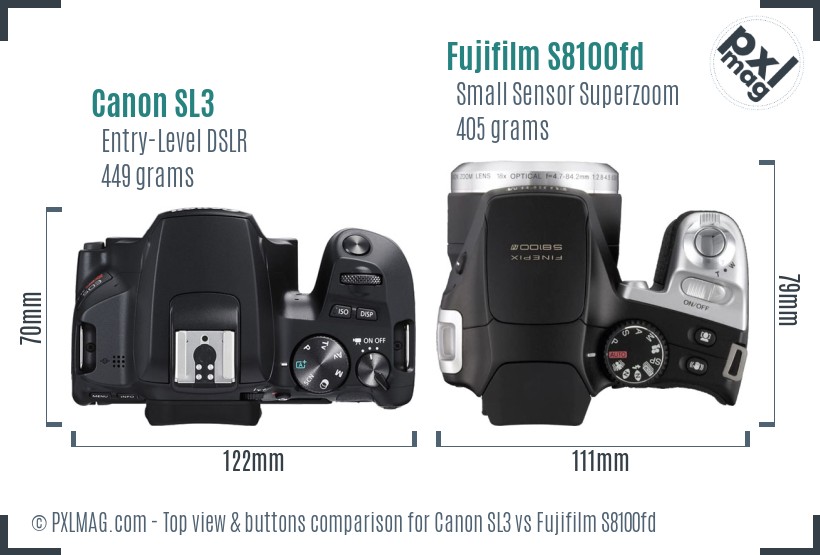 Canon SL3 vs Fujifilm S8100fd top view buttons comparison