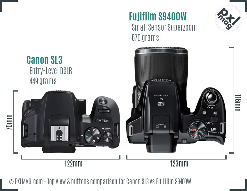 Canon SL3 vs Fujifilm S9400W top view buttons comparison