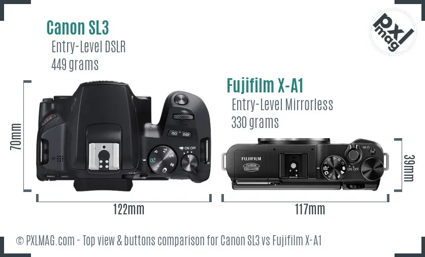 Canon SL3 vs Fujifilm X-A1 top view buttons comparison