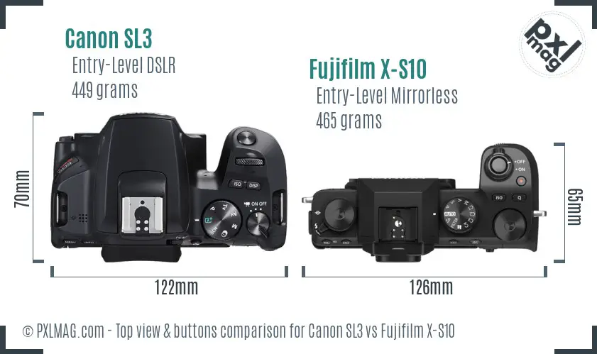 Canon SL3 vs Fujifilm X-S10 top view buttons comparison Canon SL3 vs Fujifilm X-S10 top view buttons comparison