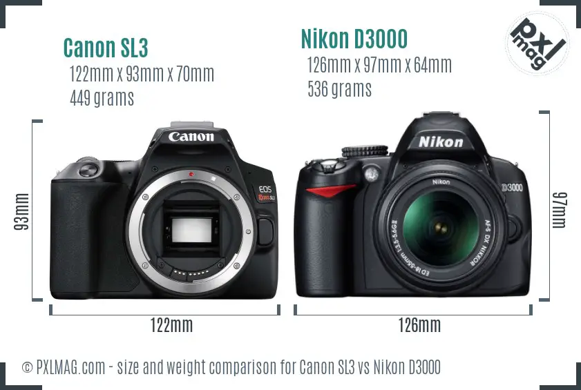 Canon SL3 vs Nikon D3000 size comparison