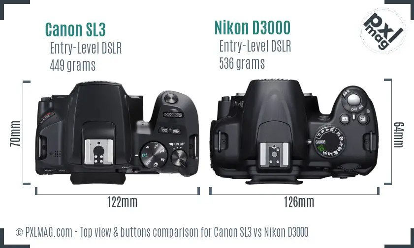 Canon SL3 vs Nikon D3000 top view buttons comparison