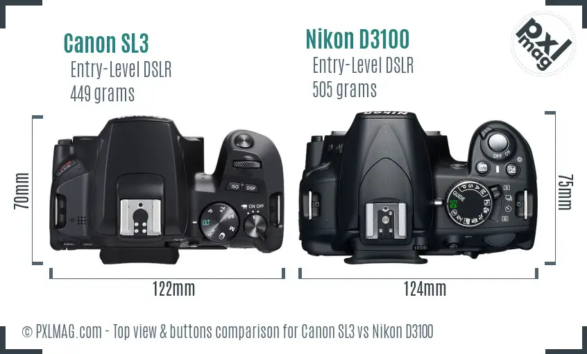 Canon SL3 vs Nikon D3100 top view buttons comparison
