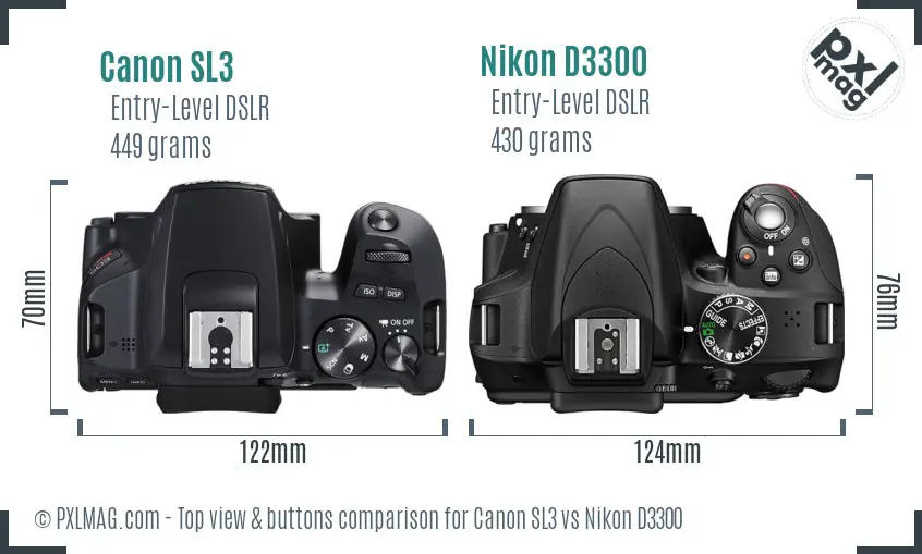 Canon SL3 vs Nikon D3300 top view buttons comparison