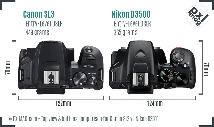 Canon SL3 vs Nikon D3500 top view buttons comparison
