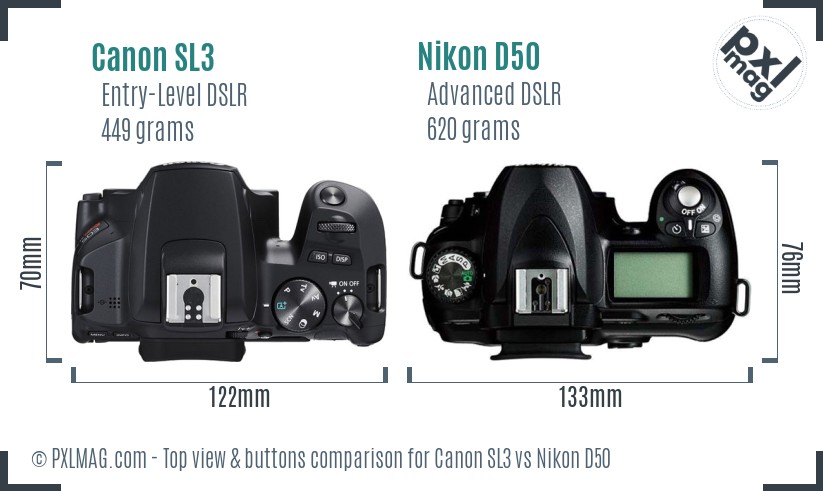 Canon SL3 vs Nikon D50 top view buttons comparison