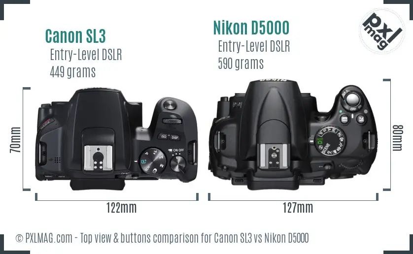 Canon SL3 vs Nikon D5000 top view buttons comparison