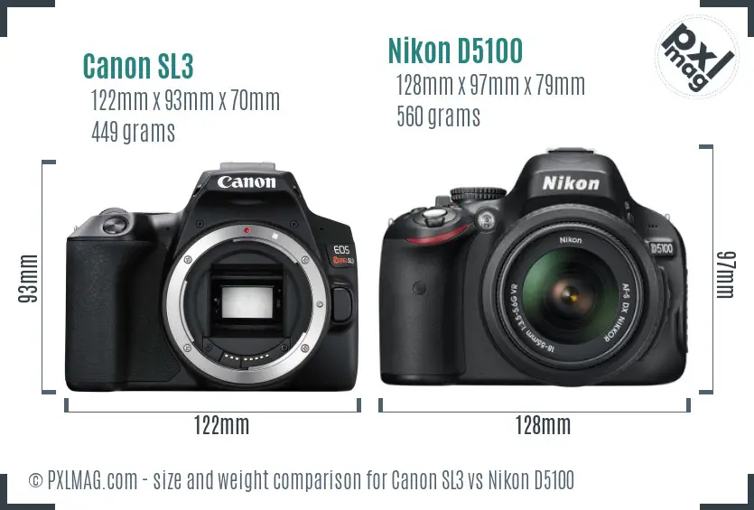Canon SL3 vs Nikon D5100 size comparison
