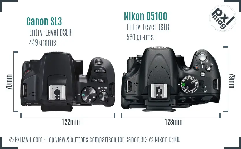 Canon SL3 vs Nikon D5100 top view buttons comparison