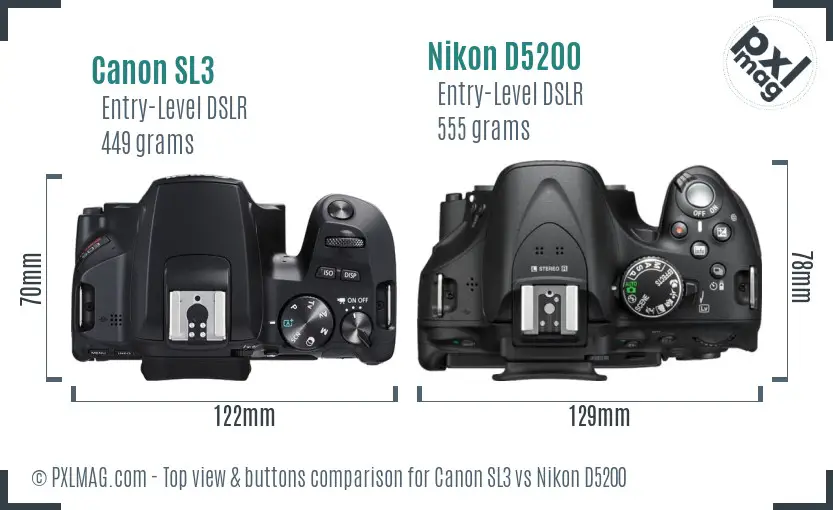Canon SL3 vs Nikon D5200 top view buttons comparison