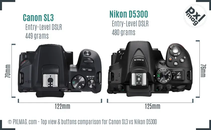 Canon SL3 vs Nikon D5300 top view buttons comparison